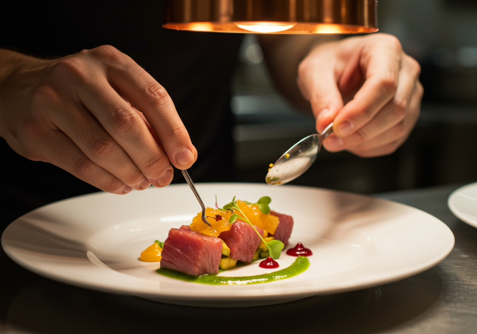 Chef meticulously plating a dish